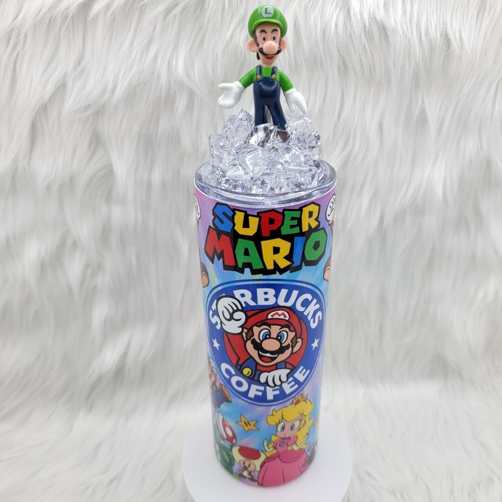 Super Mario skinny tumbler drinking cup 20 Oz. with ice topper Luigi.